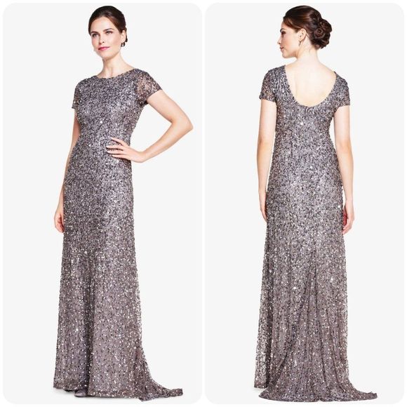 ADRIANNA PAPELL SCOOP BACK SEQUIN GOWN IN LEAD - Picture 1 of 3